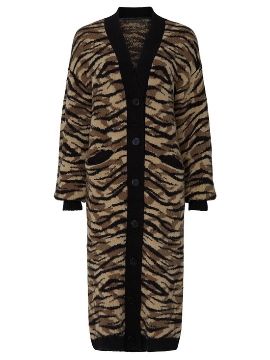 AFRM Sweaters - AFRM Long Tiger-Print Button Cardigan - Brown/Black